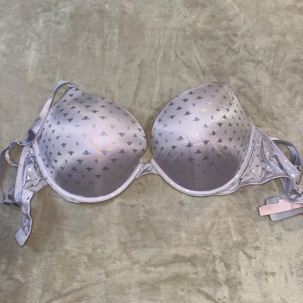Victoria's Secret Push-Up Bra 38DD Lilac Purple Silver Foil Bee Logo Padded